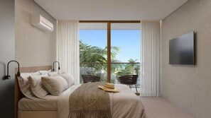 A bedroom with a bed, a TV, a window with curtains, and a view of palm trees. - Jeriquiá Lagoa Resort - Gav Resorts (Cruz)
