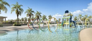 A swimming pool with water slides and palm trees in the background. - Jeriquiá Lagoa Resort - Gav Resorts (Jijoca)