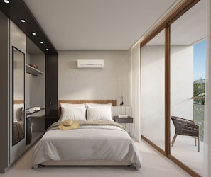 A modern bedroom with a large bed, bedside tables, a wall-mounted air conditioner, and a balcony with a chair. - Jeriquiá Lagoa Resort - Gav Resorts (Jijoca)