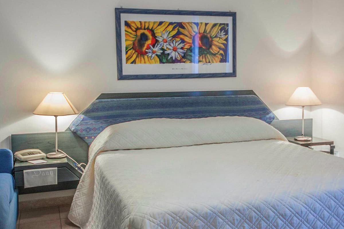 Habitación de hotel con una cama, dos mesitas de noche, una silla, un teléfono y un cuadro enmarcado en la pared.