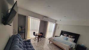 Un dormitorio con una cama, un sofá, un escritorio y una televisión.