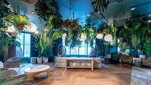 Ein modernes Interieur mit Holzboden, einer Couch, Sesseln, hängenden Pflanzen und einem großen Fenster.