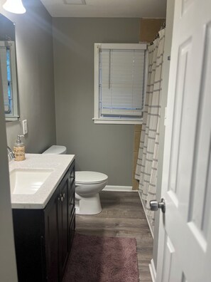 Hair dryer, towels, soap, toilet paper