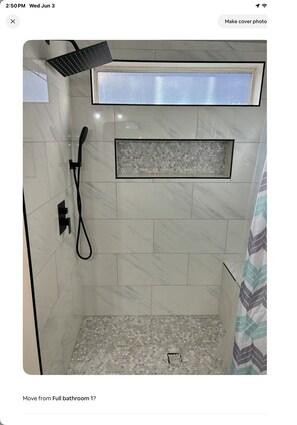 Shower, hair dryer, towels, toilet paper