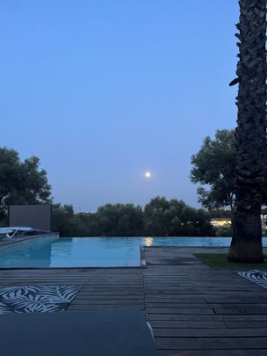 Une terrasse en bois avec une piscine, un palmier et une lune dans le ciel.