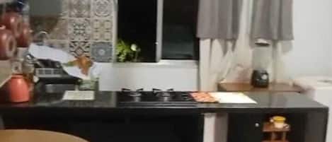 Fridge, stovetop, blender, cookware/dishes/utensils