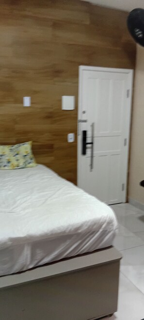 Un dormitorio con cama, armario y puerta.