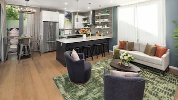 Smart TV, fireplace, table football, books