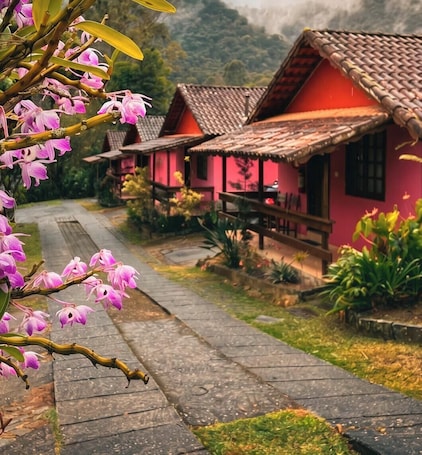 A row of traditional houses with tiled roofs, a stone pathway, and lush greenery.. Alta Colina Chalés