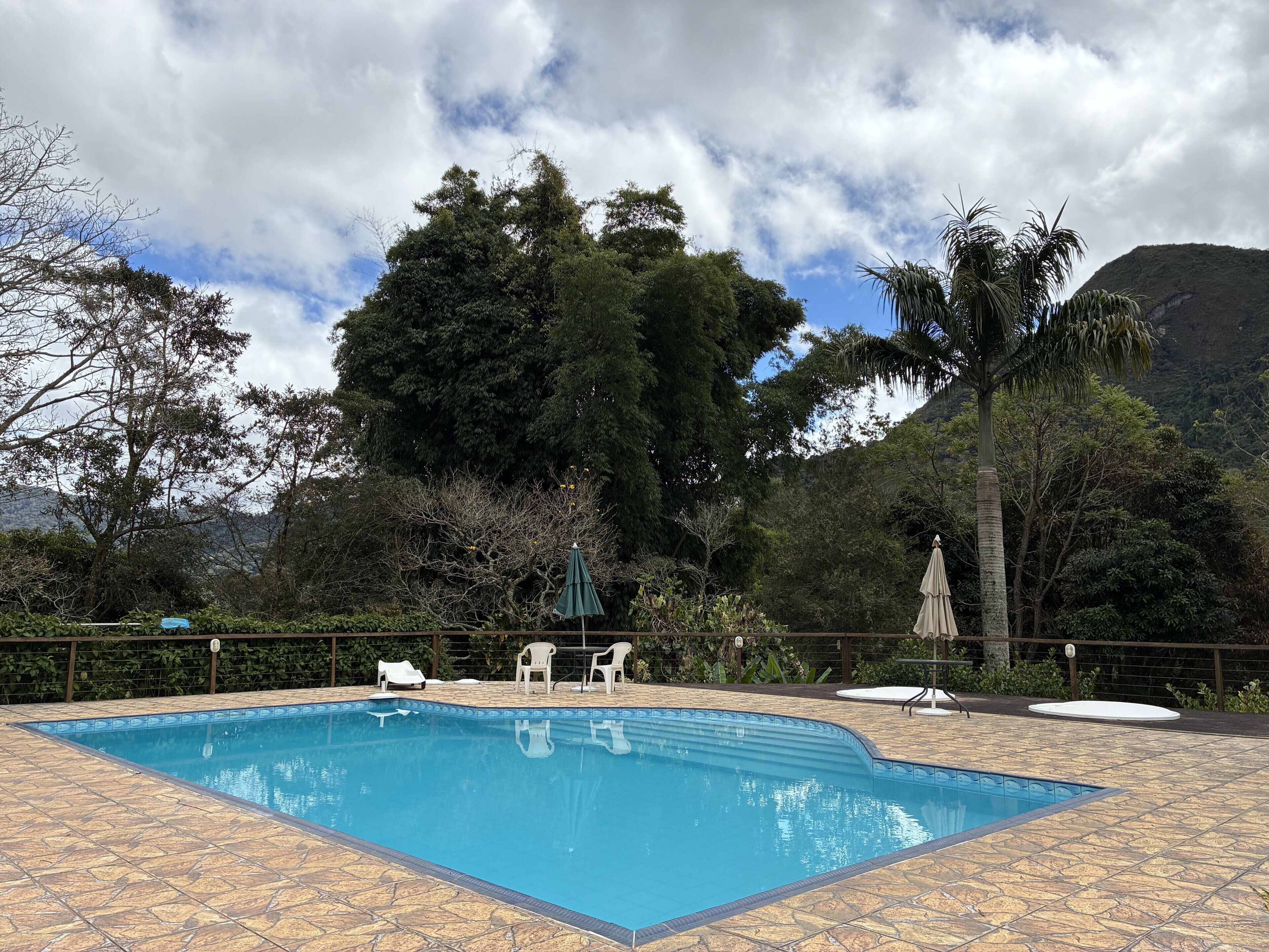 Una piscina con bordes de azulejos, rodeada por una cerca y árboles al fondo.