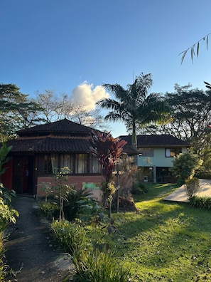 A house with a tiled roof, a pathway leading to the entrance, and a well-maintained garden with various plants.
