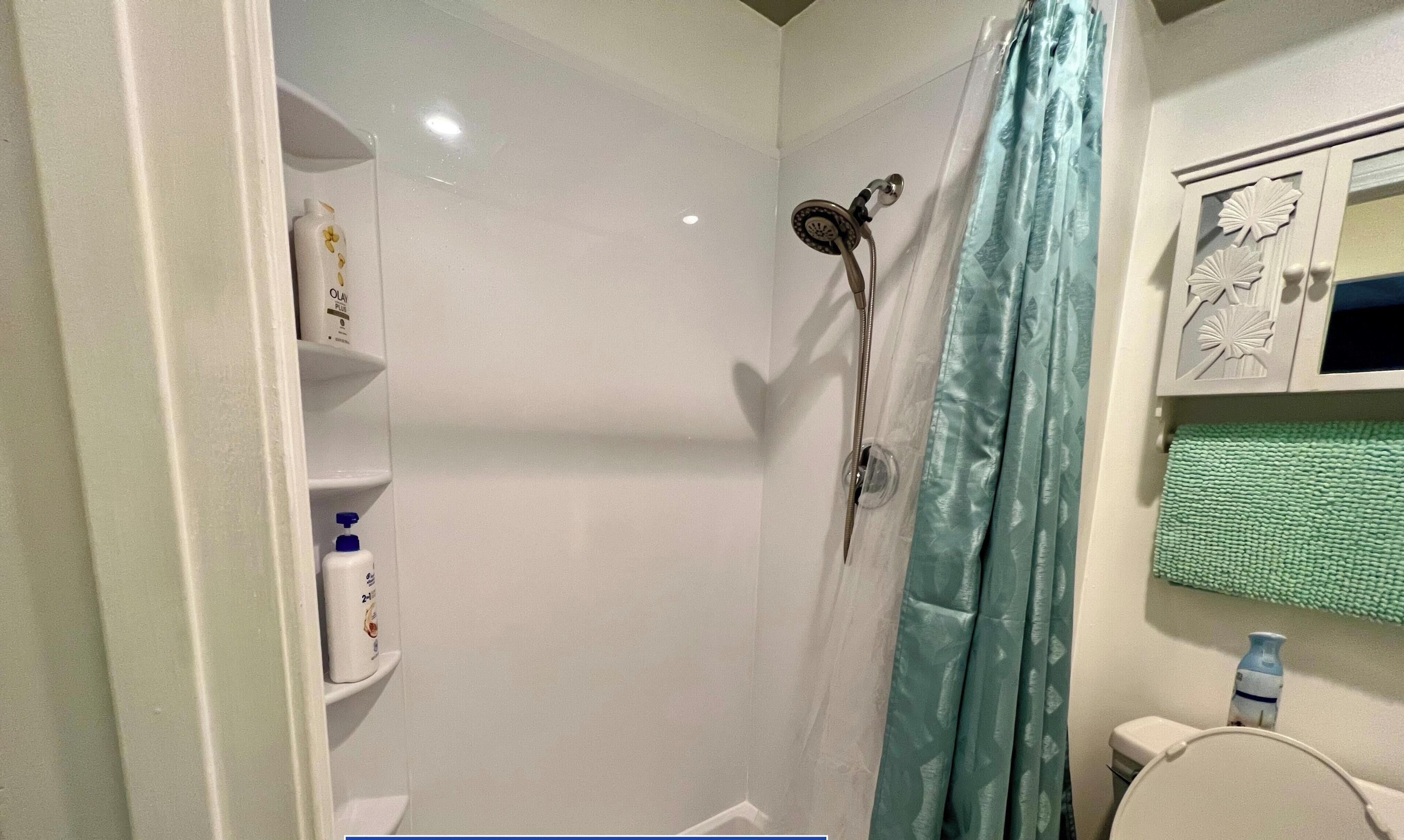 Chuveiro, secador de cabelo, toalhas de banho, sabonete