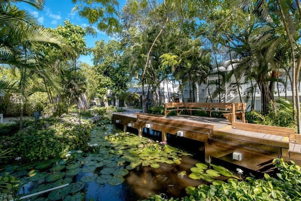 A wooden bridge over a pond with lily pads, surrounded by lush greenery and trees.