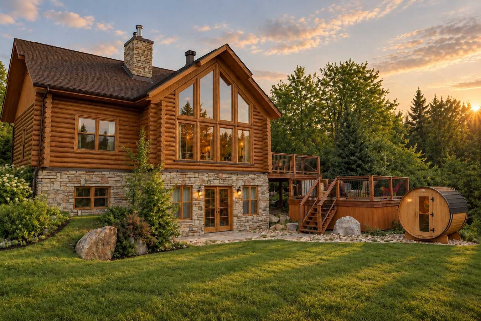 A log cabin with a stone foundation, large windows, and a deck with a wooden barrel.