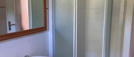 A bathroom with a glass-enclosed shower, a white sink, and a mirror.