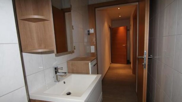 A modern bathroom with a large sink, wooden cabinets, and a mirror. - Chasa Strimer, (Zernez) by Interhome (Zernez)