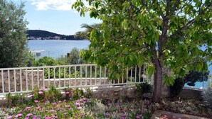 A coastal garden with a stone wall, a white fence, and a tree. - Villa Seka (Rogoznica)
