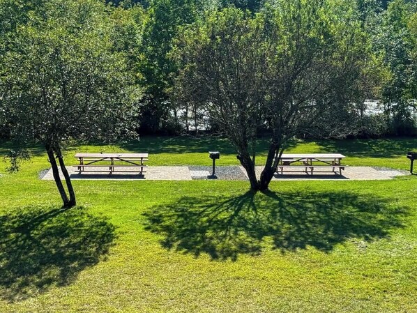 A park with picnic tables and benches, surrounded by trees.