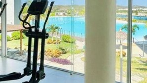 A gym with an exercise bike and a large window overlooking a pool and greenery.