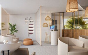 Ein modernes Interieur mit einer Sitzecke, einem weißen Konsolentisch und einem großen Fenster mit Pflanzen.