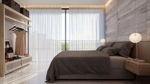 Ein modernes Schlafzimmer mit einem großen Bett, einem Kleiderschrank und einem Fenster mit durchsichtigen Vorhängen.
