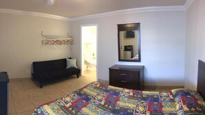Un dormitorio con cama, cómoda, espejo, televisor y sofá.