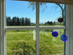 Ein Fenster mit Blick auf ein Wiesfeld und Bäume, mit zwei blauen Dekorationen am Fensterrahmen.