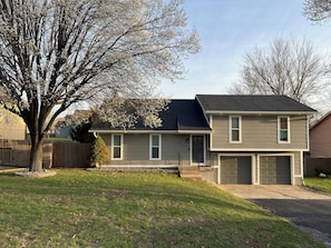 A two-story house with a garage, a front yard, and a large tree.