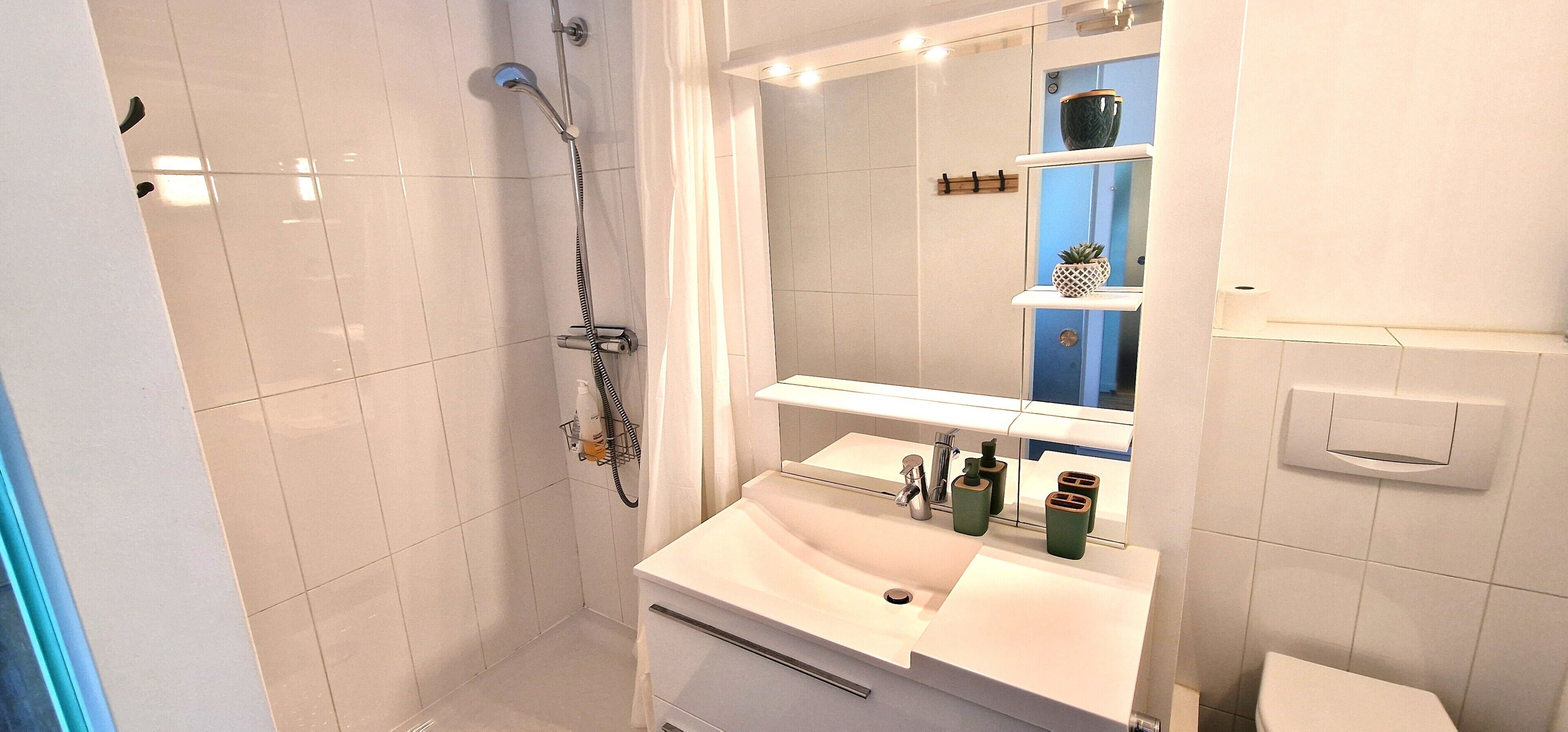 Shower, hair dryer, towels, toilet paper