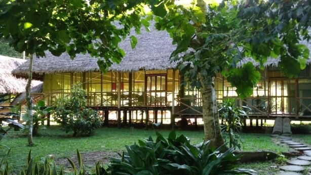 A traditional thatched-roof structure with wooden walls and a garden area with a stone pathway.