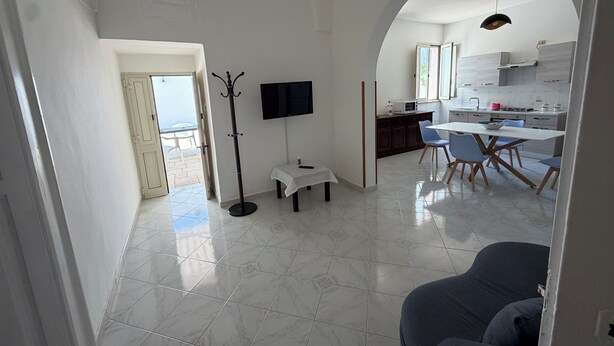 A modern living room with a sofa, a dining area with chairs, a coat rack, a flat-screen TV, and a kitchen in the background.