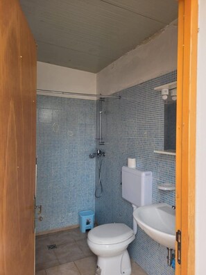 A bathroom with a shower, toilet, and sink.