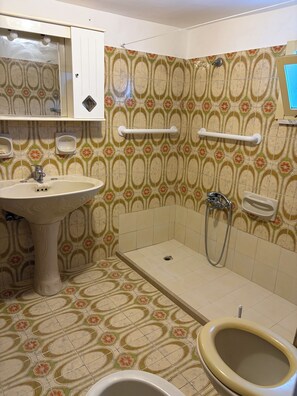 Kylpyhuone, jossa on pesuallas, wc, suihku ja tukikaiteet.