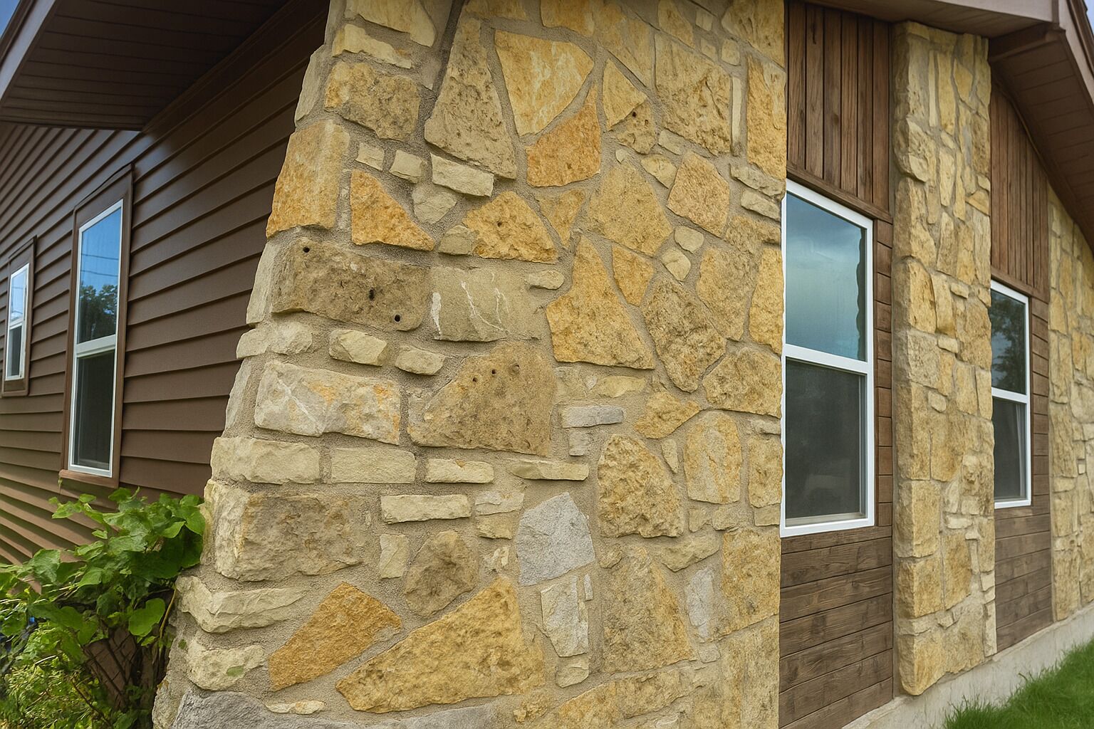 A house with a stone exterior and wooden siding.
