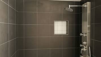 Hair dryer, towels, soap, toilet paper