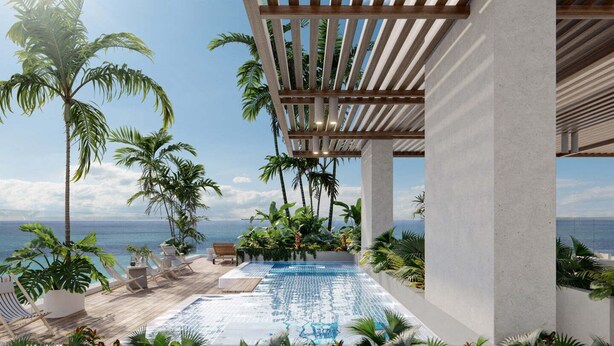 A pool area with a view of the ocean, wooden pergola, and tropical plants. - Marriott & Playa Dormida Area +Vista al Mar + Piscina infinity/jacuzzis (Magdalena)