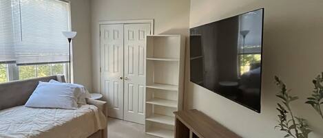 A bedroom with a bed, a TV, a wardrobe, and a plant.