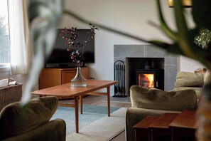 A living room with a fireplace, a television, and a plant. - Beautiful rural cottage in a tranquil East Lothian countryside setting (Haddington)