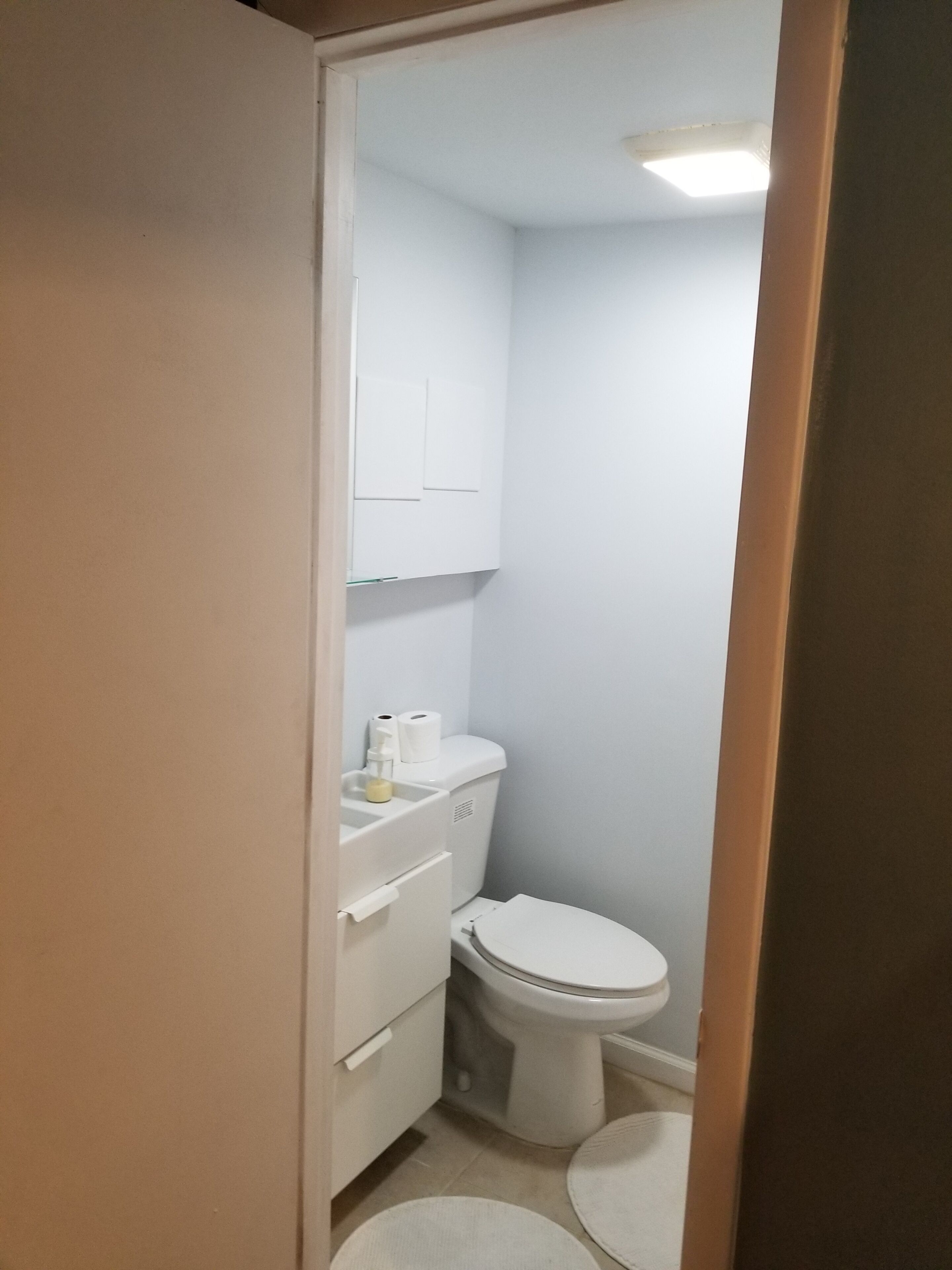 Un baño pequeño y limpio con inodoro, lavabo y armario.