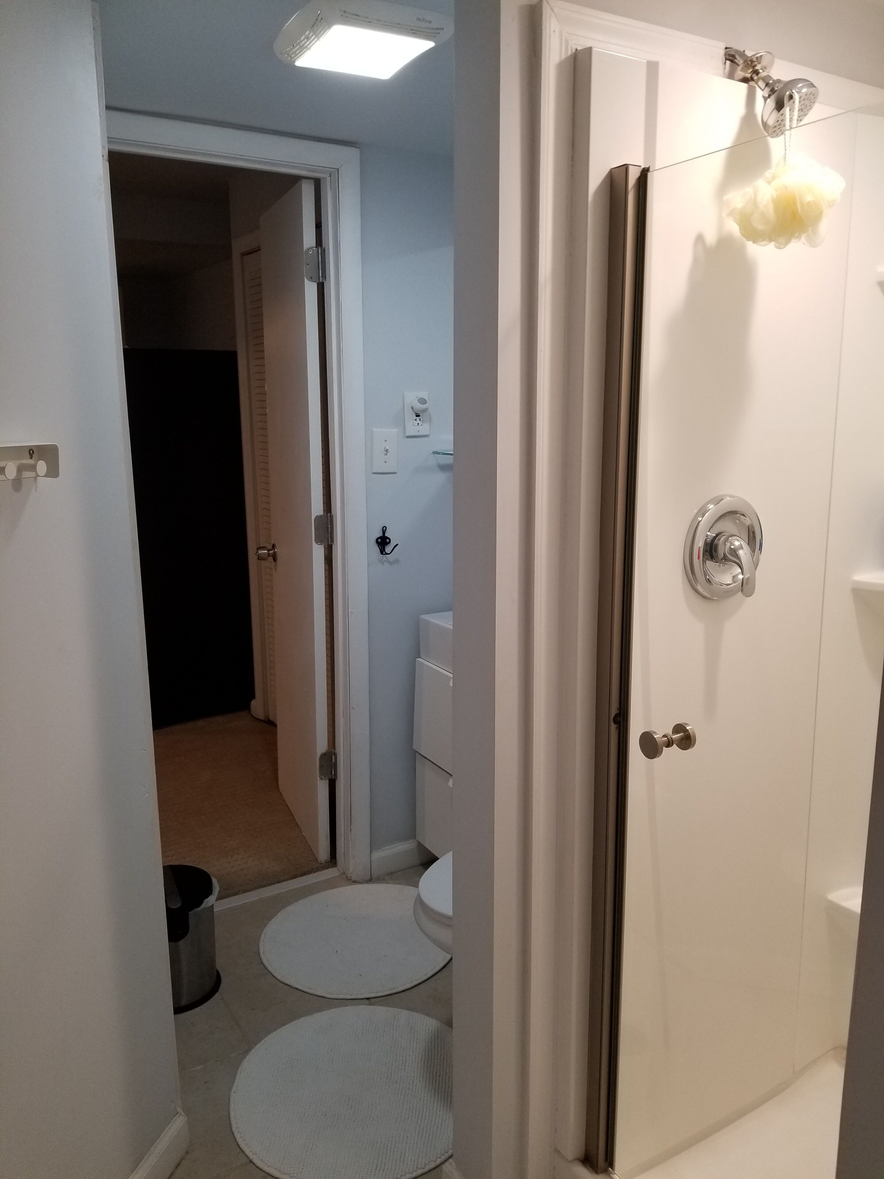 Secador de cabelo, toalhas de banho, sabonete, papel higiênico