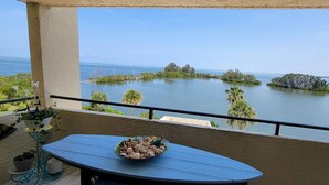 Un balcón con vistas a una masa de agua tranquila, rodeado de vegetación y palmeras.