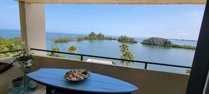 Ein Balkon mit Blick auf ruhiges Wasser, umgeben von viel Grün und Palmen.