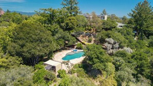 Ein Garten mit Schwimmbad, umgeben von dichter Vegetation und einem Haus.