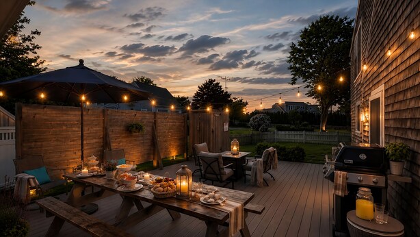 Un patio exterior con terraza de madera, una mesa lista para comer, una parrilla y luces colgantes.