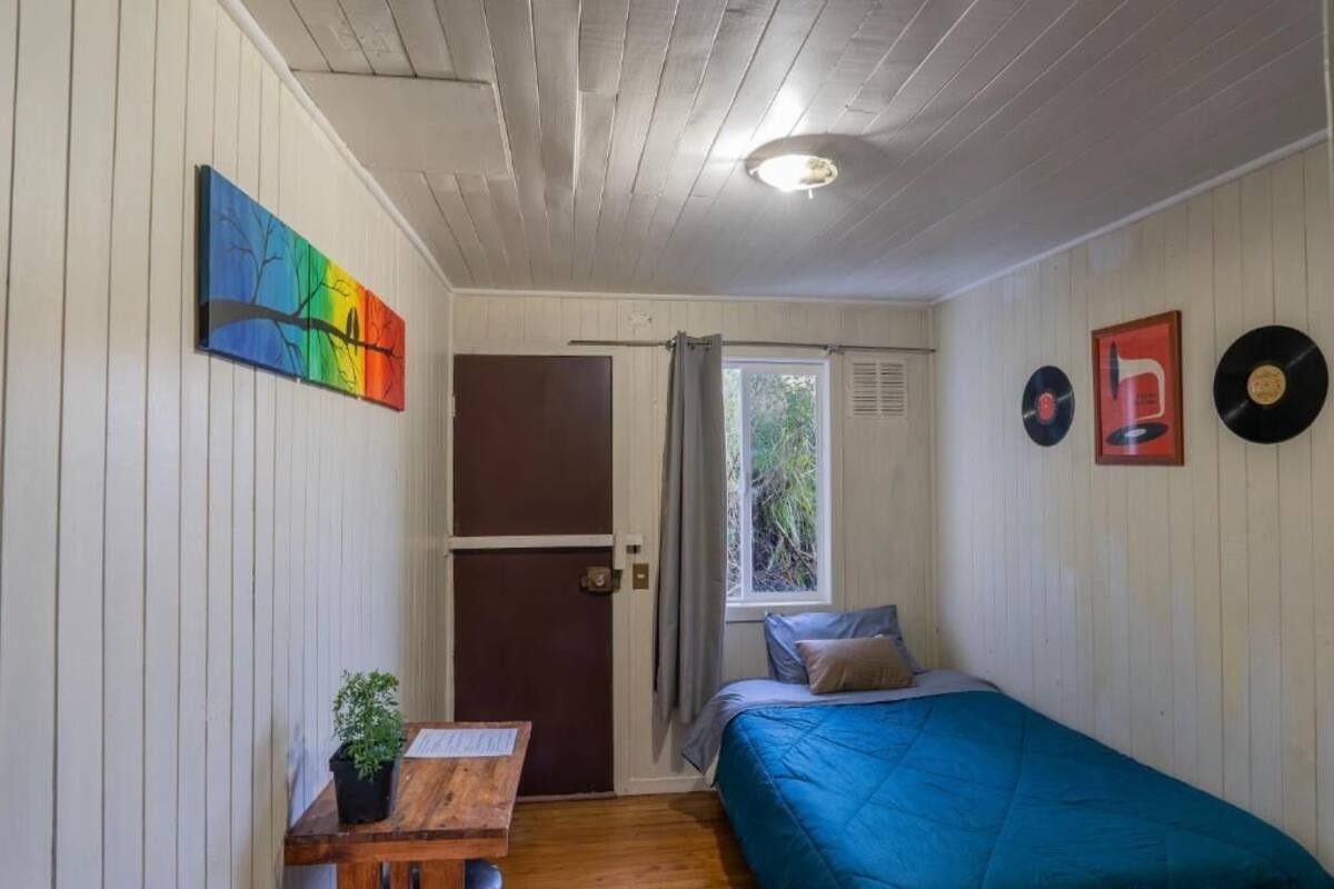 A room with a bed, a desk with a plant, a door, and a window.