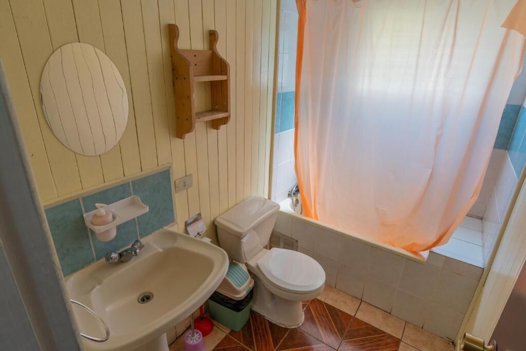 Une salle de bain avec des toilettes, un lavabo et un rideau de douche.