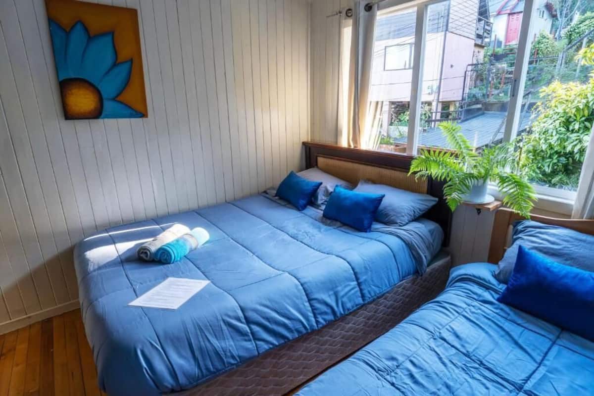 A bedroom with two beds, a window with a view of buildings, a plant on the nightstand, and a painting on the wall.