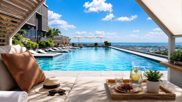 A rooftop pool with lounge chairs, a dining area with a tray of fruit and drinks, and a city view. - Luxury 2BR Sky Retreat Best Miami Bay Views (Miami)