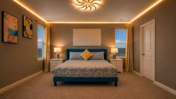 A bedroom with a bed, two bedside tables, a ceiling light fixture, and two windows with curtains.