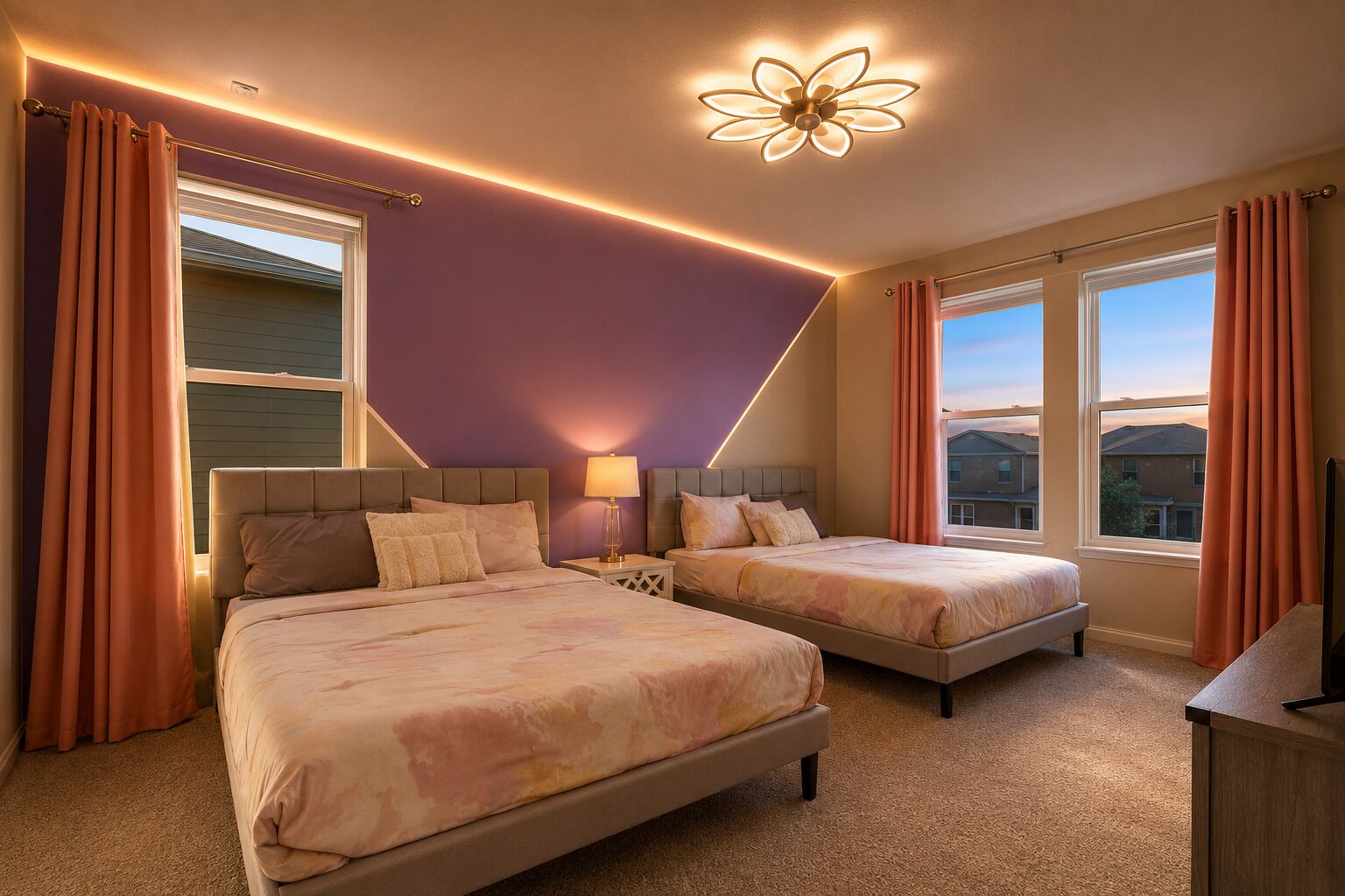 Habitación de hotel con dos camas, una mesita de noche, lámpara, lámpara del techo y ventanas amplias con cortinas.